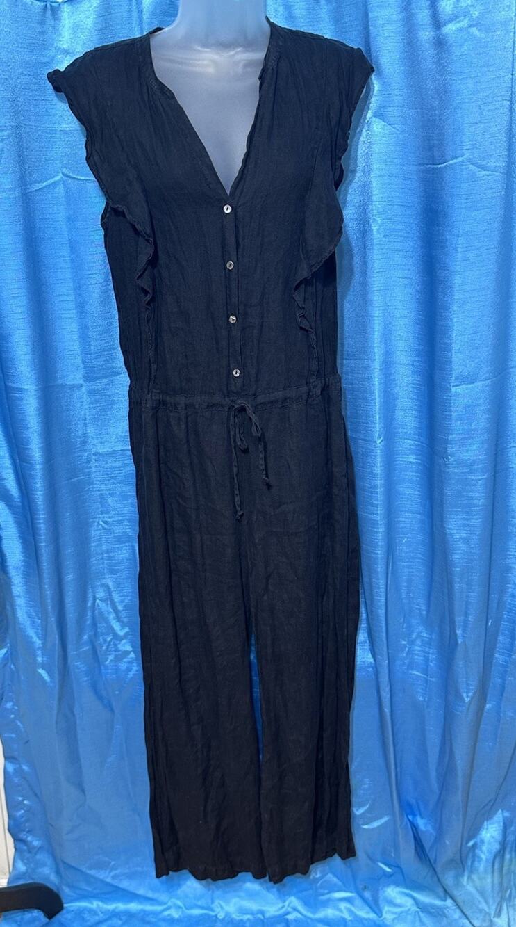 Velvet by Graham & Spencer Linen Jumpsuit Black Solid Breathable Easy Summer M